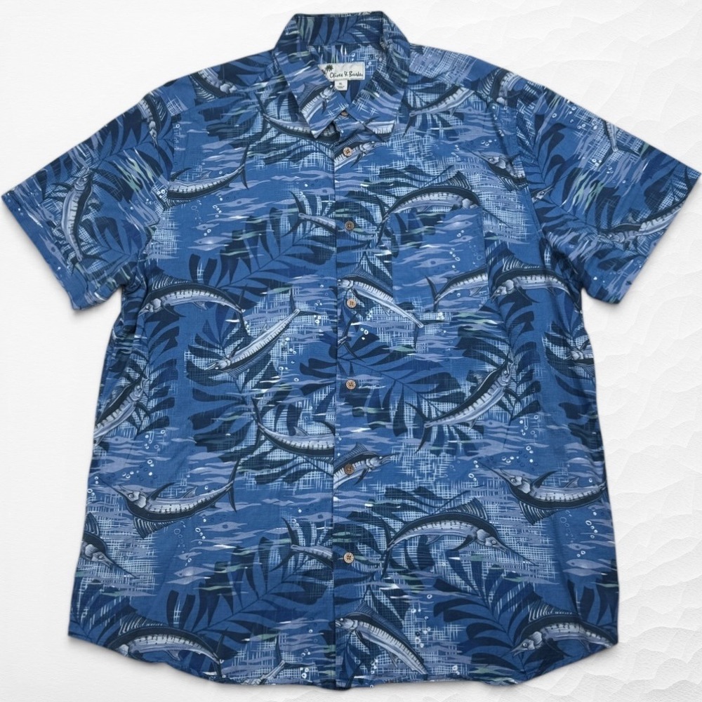 Oliver & Burke Button Down Shirt‎ Mens XL Blue Tropical Marlin Fish Rayon Blend
